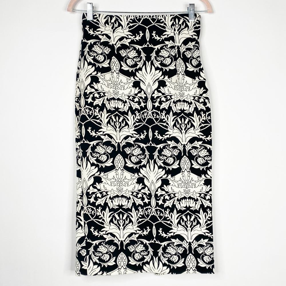 ZARA Floral Midi Pencil Skirt Small Black White Vented Back Slit